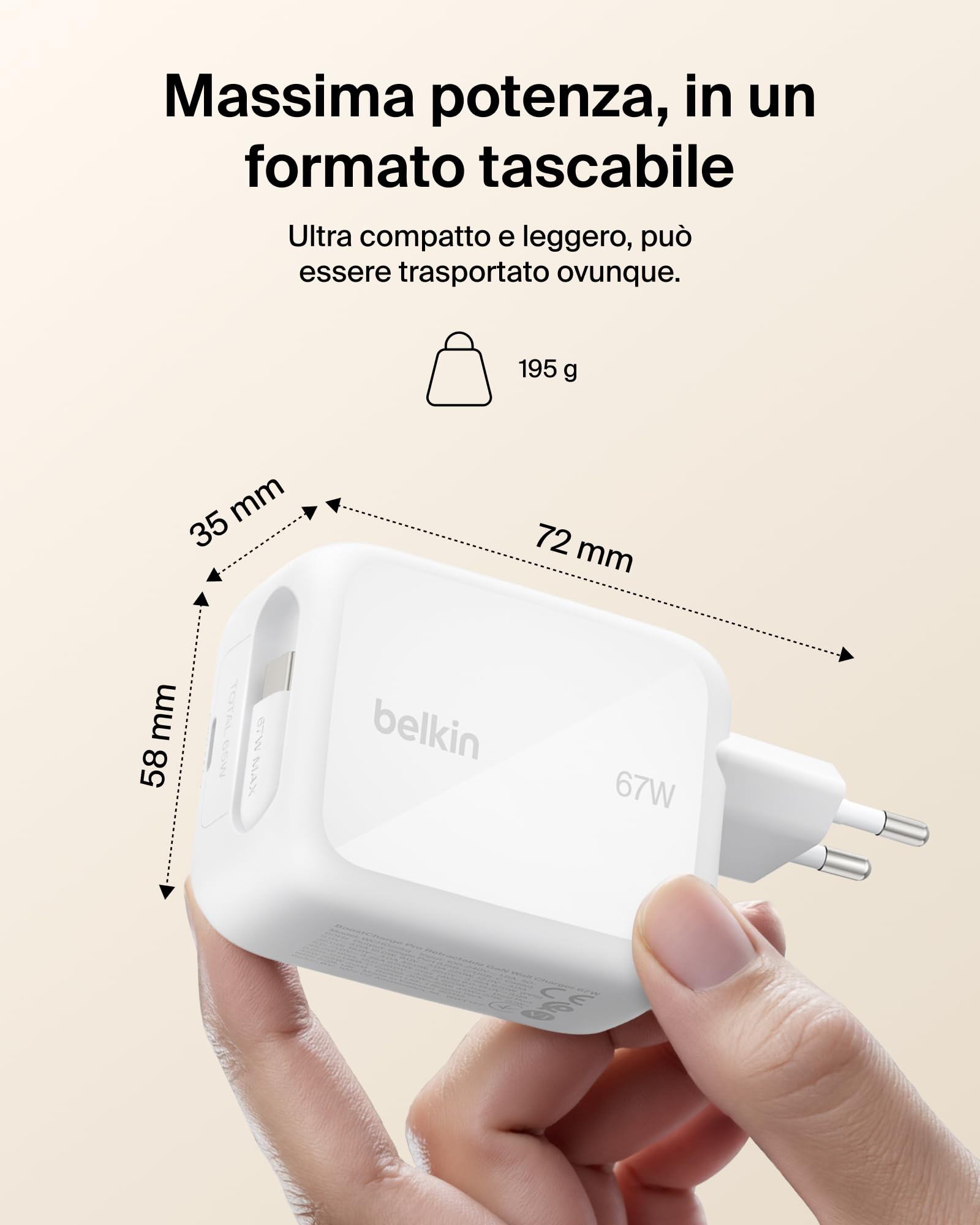 Belkin Caricabatterie USBC GaN 67W con Cavo USB-C Retrattile 1m e Porta USB C, Caricatore per iPhone, Ricarica Rapida per iPhone 17, 16 Series, Galaxy S26 Series, AirPods, Tablet, MacBook e Chromebook