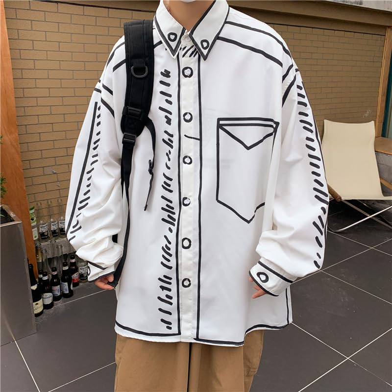 Graffiti Cartoon Outwear for Men Line Print Oversized Vintage Preppy Jackets Casual Long Sleeve Button Down Coat2