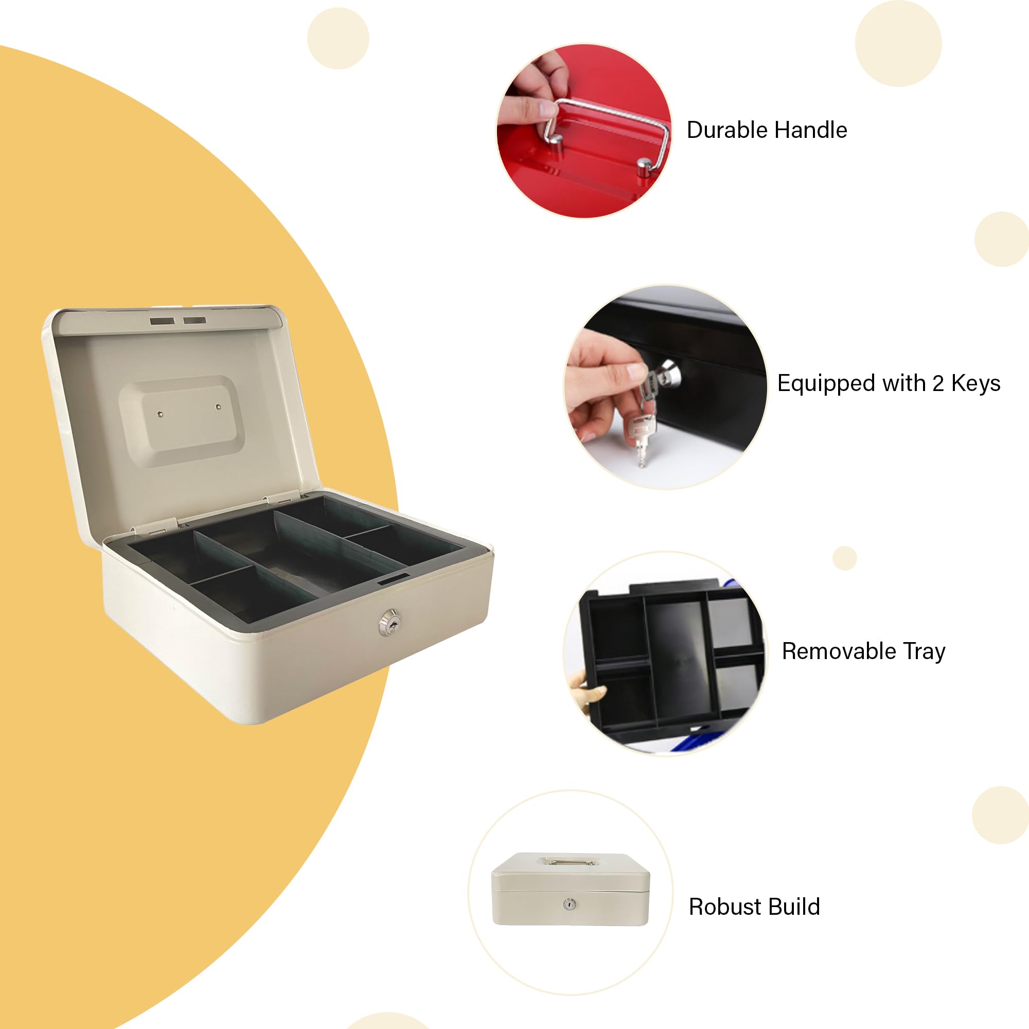 oddpod™ DL Metal Cash Box & Jewelry Safe Locker with Plastic Coin Tray & Key Lock - Large (Black) 2