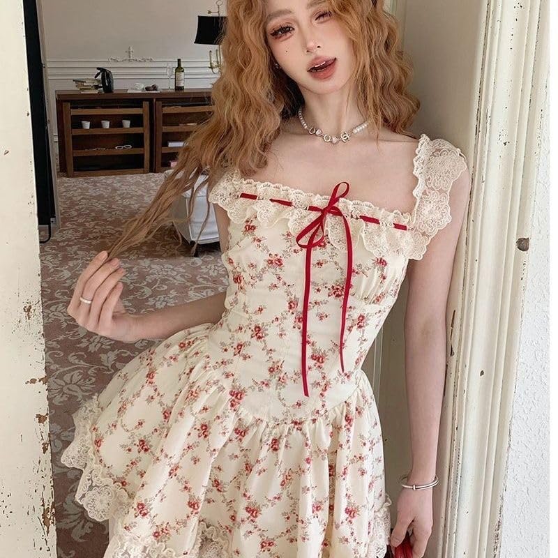 Sweet lace Camisole Dress with Girlish Vibe, Waist Cinching Floral Dress, Vacation Style Princess Dress2