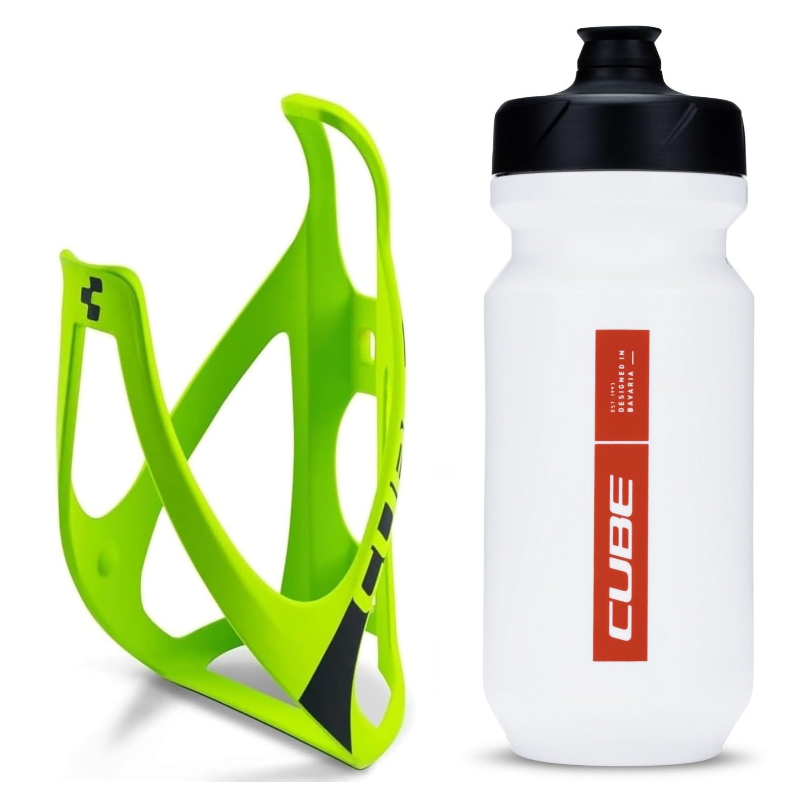 Cube HPP Cage - Neon Green/Black & Flow Bottle - White, 500ml / Pair Kit Set Hydration Hydrate Drinking Drink Water Bidon Vessel Flask Holder Mount Bracket Bicycle Cycling Cycle Bike Accessories — image 1