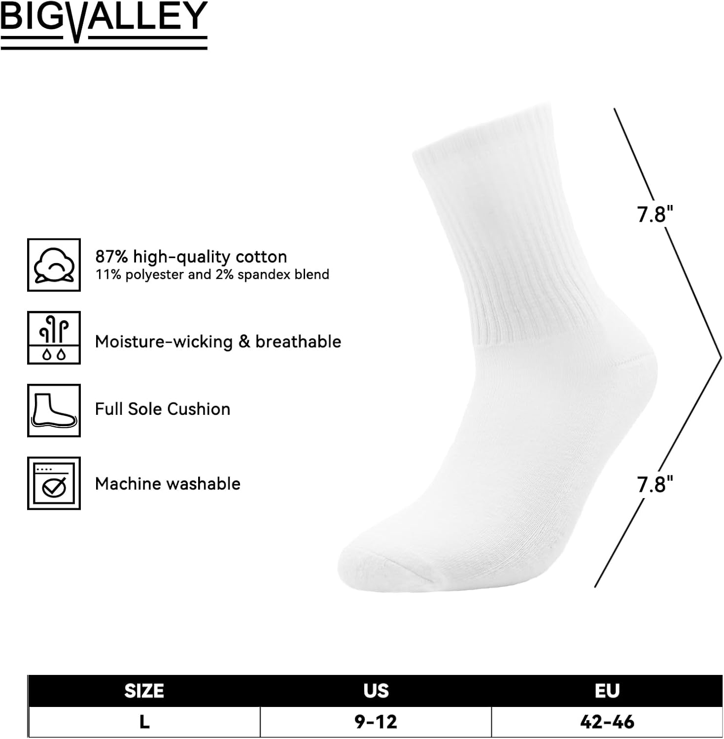 bigvalley Men's Essential Cotton Dress Crew Socks, Classic - Cushioned Athletic Comfort for Casual and Sports - Image 5