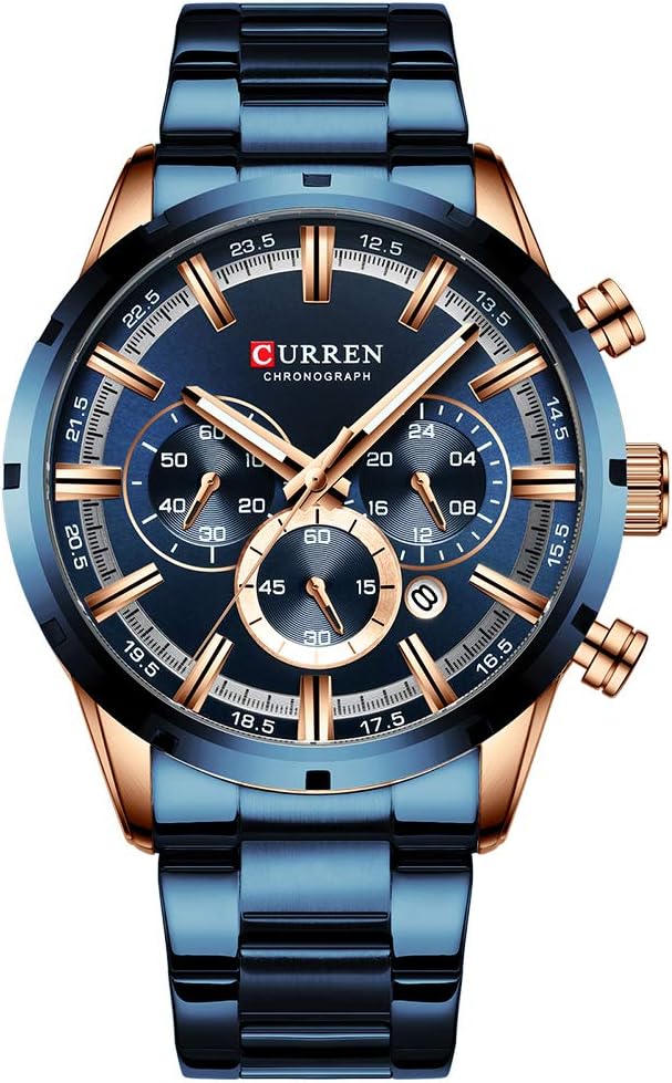Mens Watch Sport Quartz Chronograph Wristwatches with Luminous Hands Fashion Stainless Steel Clock Date (Rose Gold Blue)