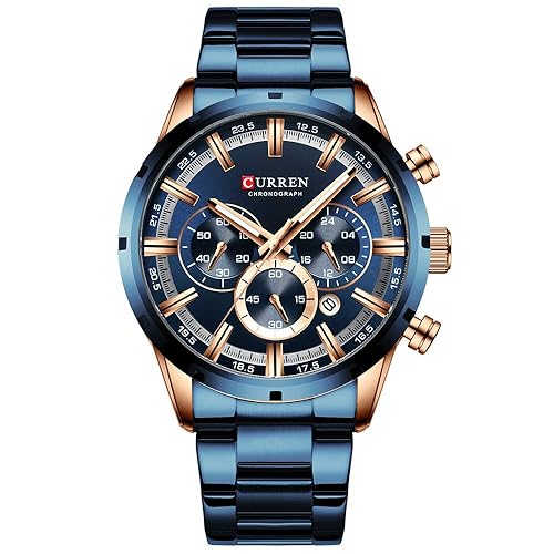 Reloj de pulsera cronógrafo de cuarzo deportivo para hombre CURREN con manecillas luminosas, reloj de moda de acero inoxidable con fecha (oro rosa azul)