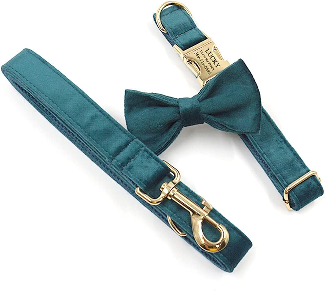 PETDURO Custom Dog Collar Personalized with Name Engraved Cute Velvet Quick Release Gold Metal Buckle for Large Medium Small Dogs (Gem Green, Collar with Leash Bow Tie)