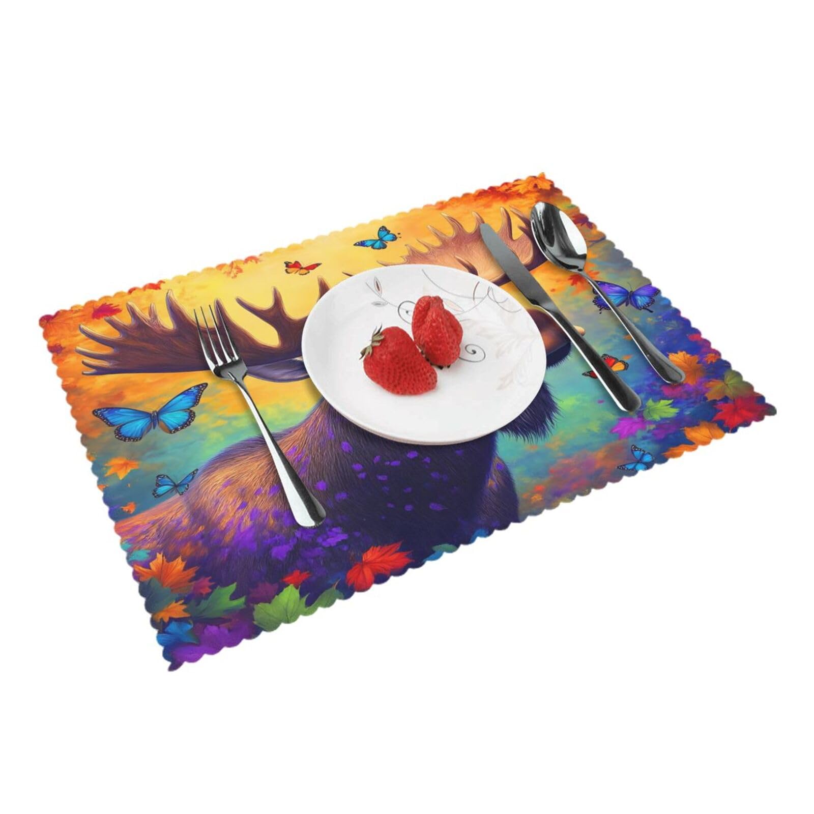 Moose Butterflies Autumn Placemats Set of 4 Print Table Mats Place Mats Table Decor for Kitchen Dining 12X18 in