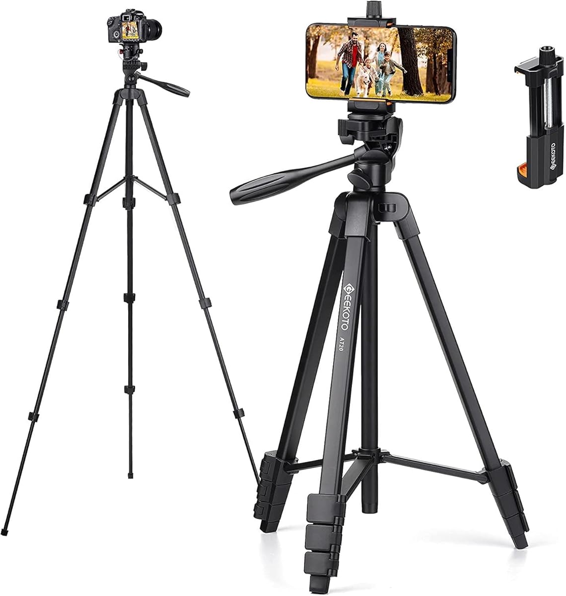 GEEKOTO Handy Stativ Ausziehbar, 54" Stativ für Smartphone mit 360-Grad-Panorama-Drehplattform und 1/4 Universal-Befestigungsschrauben für spiegellose/Gopro/DSLR-Kamera Schwarz