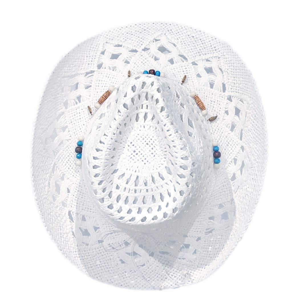 Carnavalife, Sombrero de Papel Natural de Cowboy Vaquero, con Banda de Tela, Unisex Talla Única Hombre Mujer para Verano. Color Blanco.