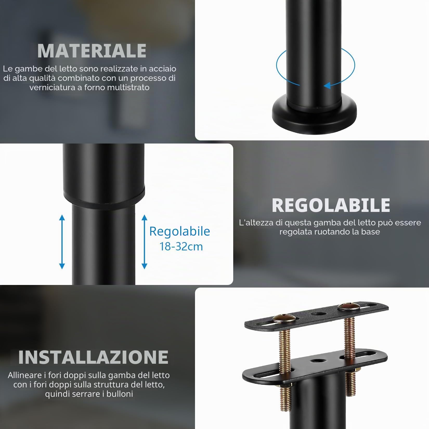 4 Pezzi Piedi Letto, 18-32cm Piedi per Rete a Doghe, Gambe Regolabili per Mobili, Piede per Supporto Regolabile Gambe per Tavolo Mobili Divano Letto Armadio