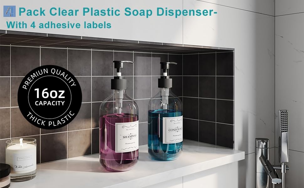 Image of Round Pump Bottle Soap Dispenser | Refillable Transparent Plastic Lotion Bottle | Empty Liquid Container for Soap, Shampoo, Lotion & Essential Oils (500 ML, Pack of 4)
