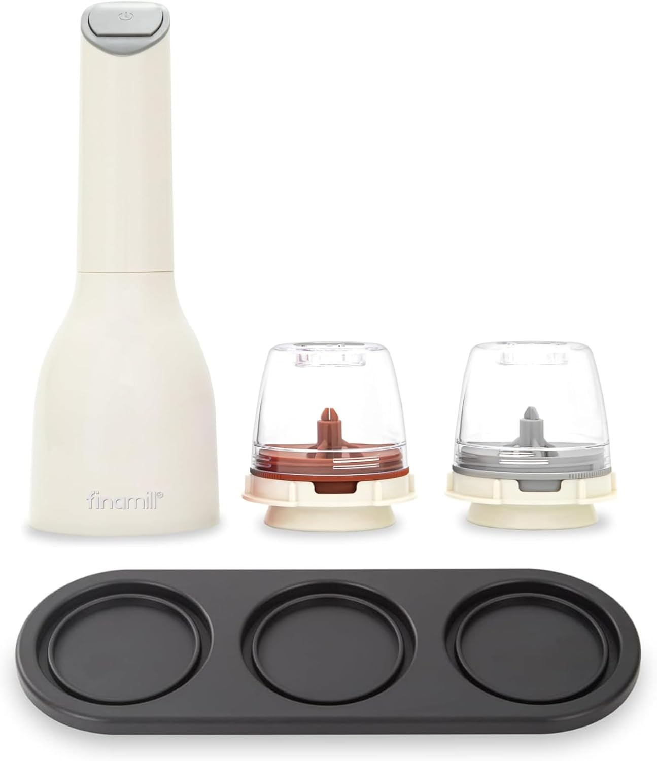 FinaMill Classic Battery-Operated Spice Mill Bundle with Black Trio Stackable Tray – One-Handed Grinder with Interchangeable Pods with Adjustable Coarseness - Valentines Day Gifts for Food Lovers