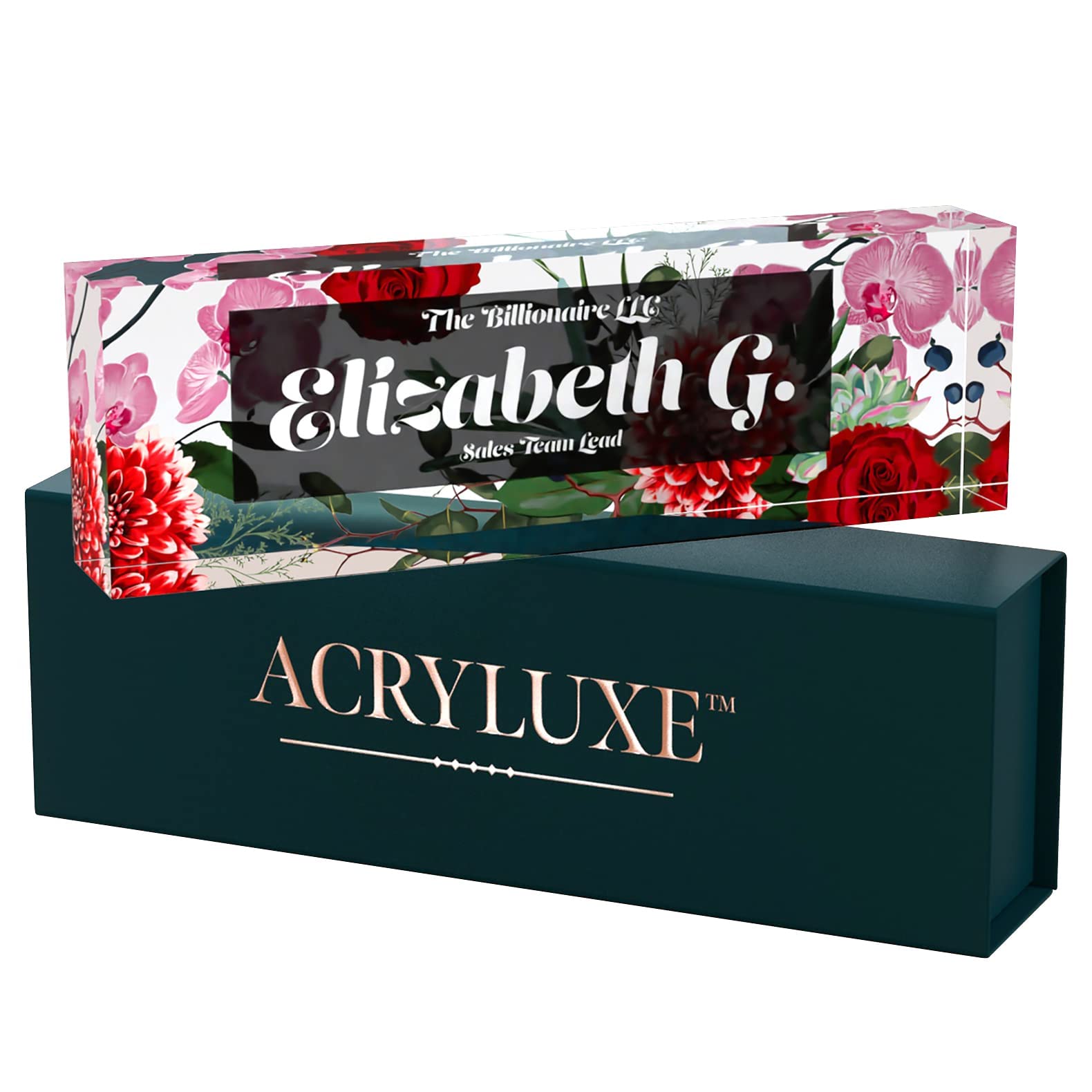 Desk Name Plate Personalized, Custom Name Plates, 2½/x8 Inches, Thick Crystal-Clear Acrylic, Gift Box, Office Desk Decor. USA Made by ACRYLUXE (Spring