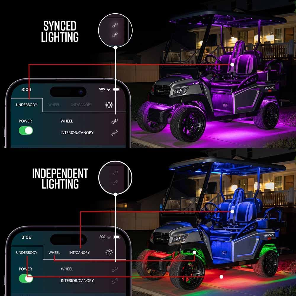 LEDGlow 12pc Bluetooth Million Color LED 4-Seater Golf Cart Underglow Accent Neon Lighting Kit with Canopy, Wheel Well & Interior Lights - Smartphone App - Fits 12-Volt Standard Wheelbase Models
