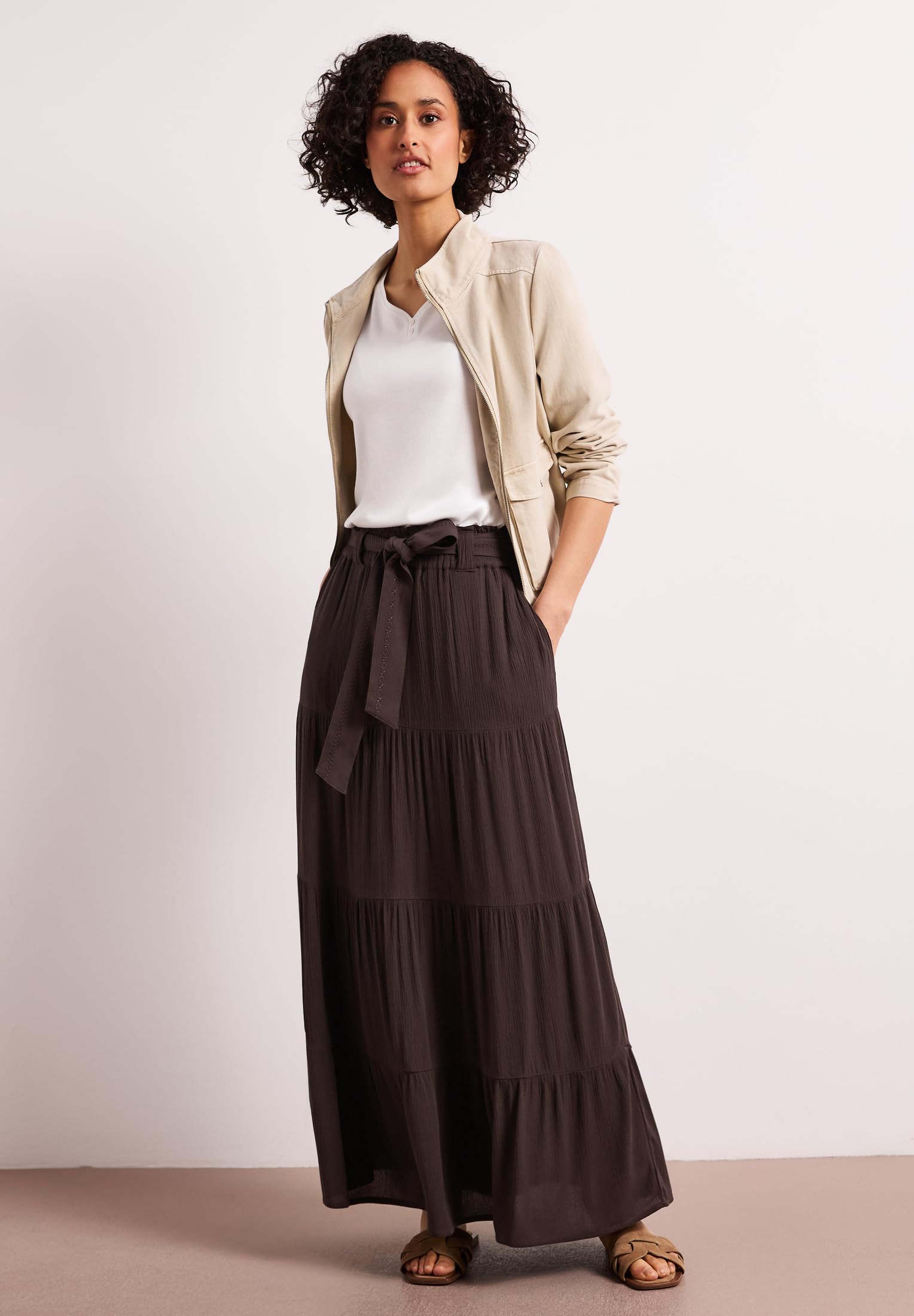 Street One Maxi-Rock mit Volants und Gürteldetail Espresso Brown 42