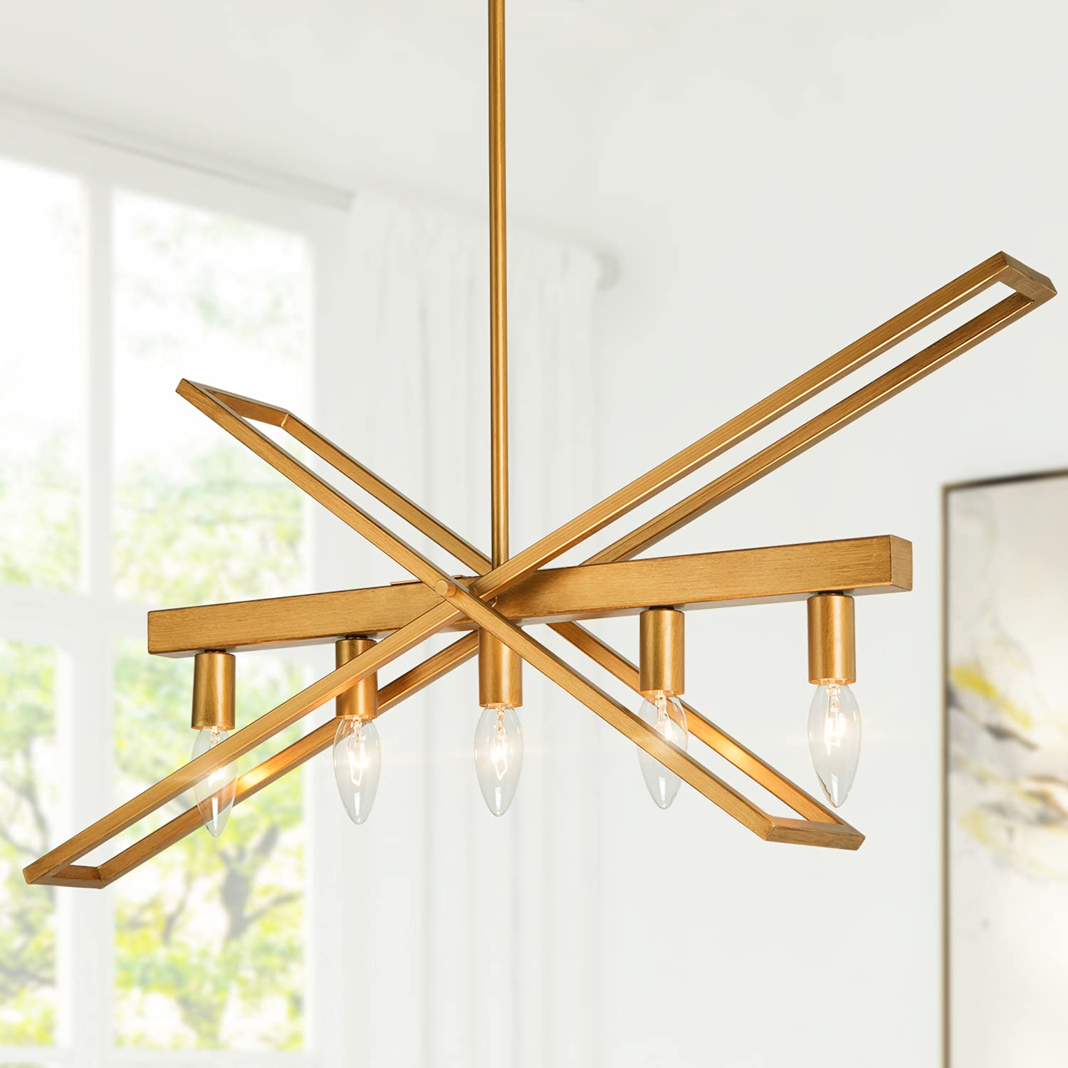 LOG BARN Gold Chandelier, 5-Light Chandeliers for Dining Rooms, 25.5" Linear Modern Light Fixture fo