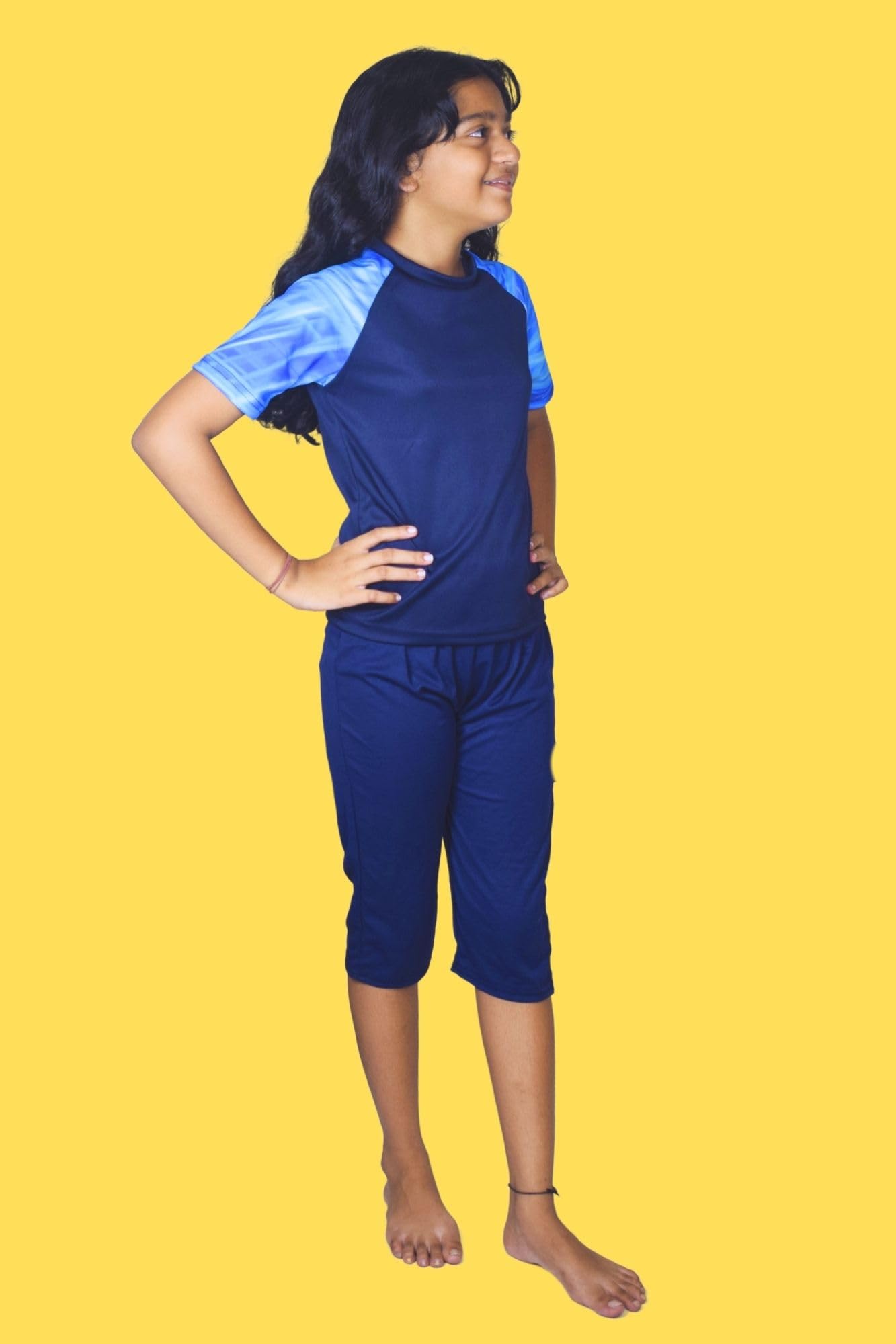 Aqua Holic Spandex Girls Regular Fit Printed Bottom & Top Set | Swimwear | Adjustable, Quick Drying Capris for Swimming, Beach, Waterpark - Blue (8-9 Years) 1