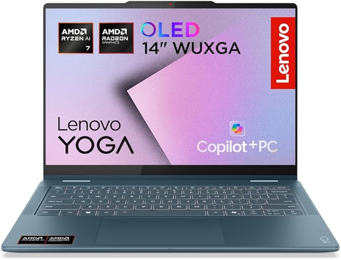 Lenovo Yoga 7 (2 in 1) Notebook Copilot+ PC Convertibile Touch 14” OLED WUXGA (1920x1200), AMD Ryzen AI 7 350, RAM 16 GB, 512 GB, 60 Hz, Windows 11 Home, WiFi 7 - Tidal Teal