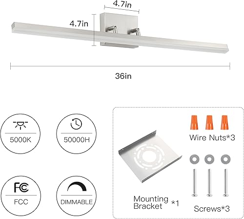 Miniatura 8 de Lámpara LED de tocador de 36 pulgadas, 36 W, 2500 lm, moderna lámpara de baño ajustable de níquel cepillado sobre el espejo, barra de luz regulable