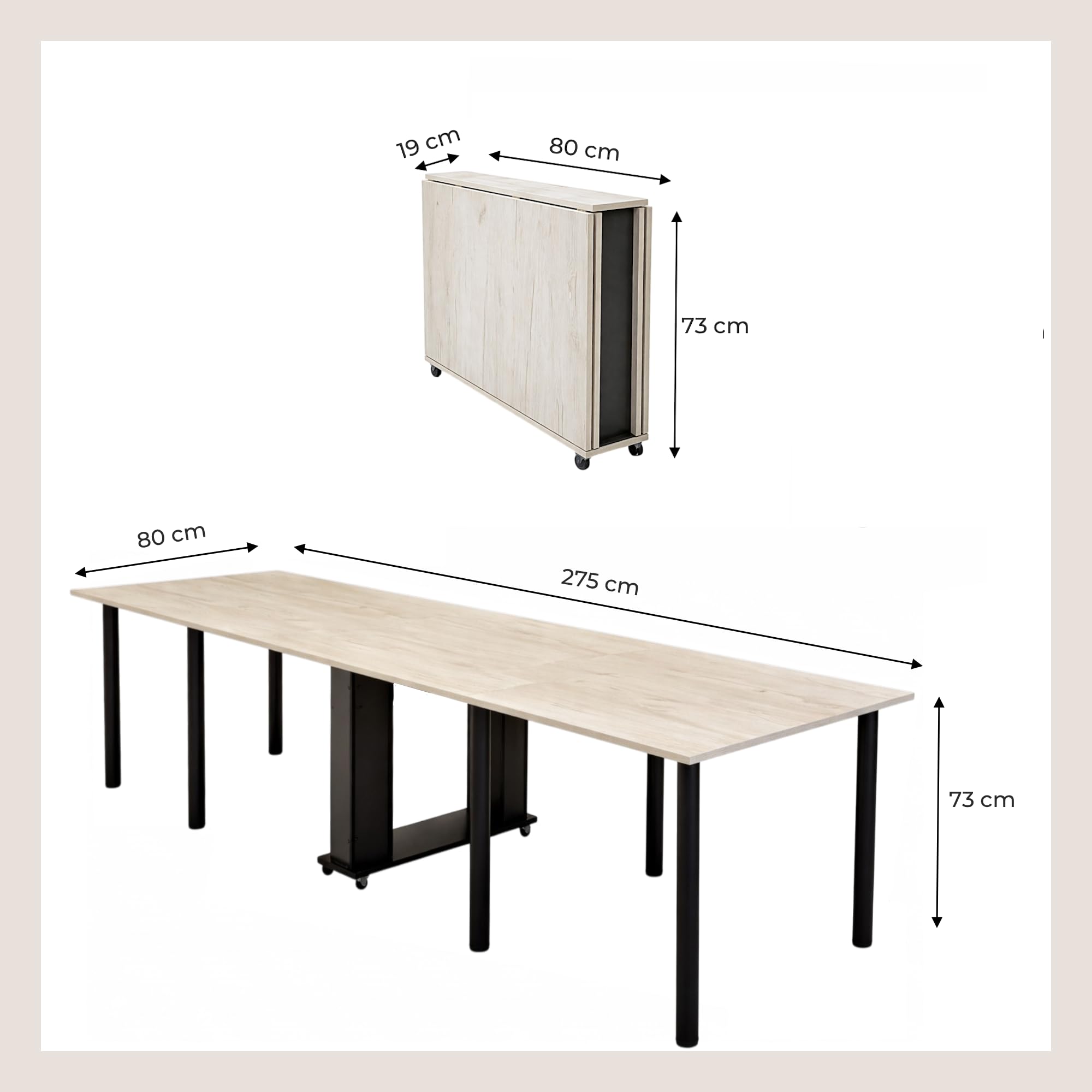 Rodnik Esstisch klappbar, Multifunktionstisch 5-in-1, Klapptisch XXL mit Rollen, ausklappbarer Tisch platzsparend für bis zu 12 Personen (Eiche Kraft Weiß/Schwarz)