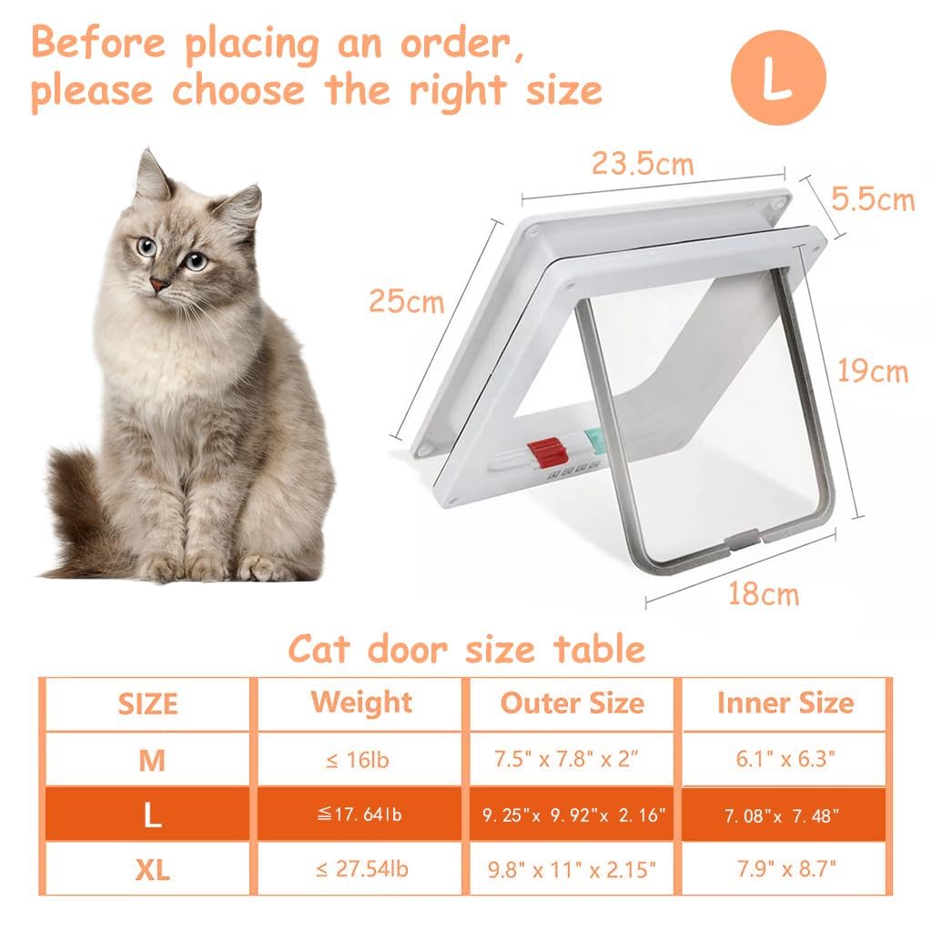 Iktu® Large Cat Door (Outer Size 23.5x25x5cm), Weatherproof White, ABS Material 4-Way Locking Flap for Small Cats & Dogs 4