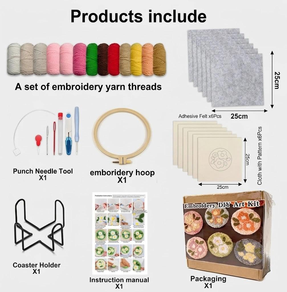 Set di 6 sottobicchieri Punch Needle, set da ricamo per principianti, set da ricamo per adulti con motivi, filato, telaio da ricamo, istruzioni e supporto, per fai da te, punto croce