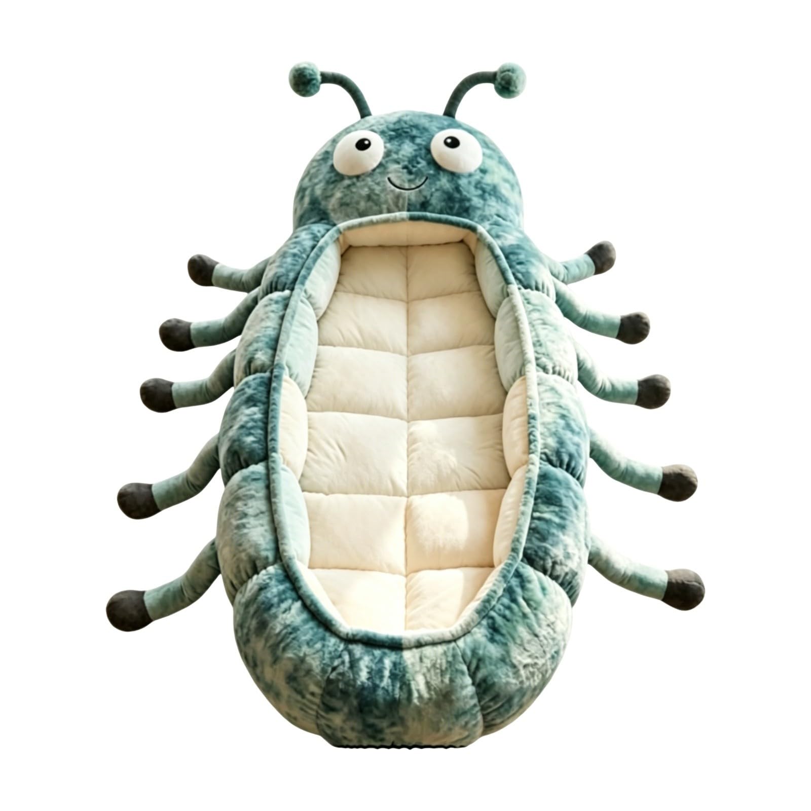 Hugging Caterpillar Sleeping Bag for Adults, Plush Cocoon Animal Sleeping Bags, Giant Plush Floor Lounger, Indoor Sleep Nap Pod, soft Nest for Dog cat Full-Body Lounger Pull Cord (blue green)