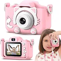 Câmera Fotografica Infantil Gatinho Tira Foto Filma HD 1080p Selfie Tela LCD 2" Jogos Filtros Capinha Antichoque Bateria Recarregavel Máquina Fotográfica Rosa Menina