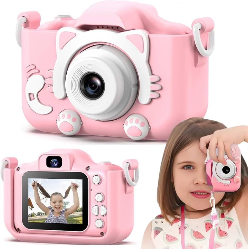 Câmera Fotografica Infantil Gatinho Tira Foto Filma HD 1080p Selfie Tela LCD 2" Jogos Filtros Capinha Antichoque Bateria Recarregavel Máquina Fotográfica Rosa Menina