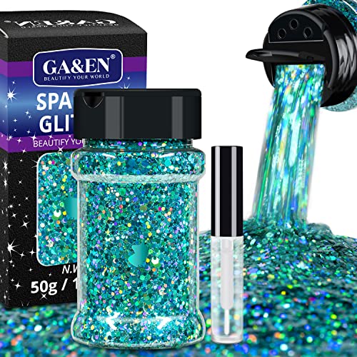 Holographic Chunky Glitter 50g Turquoise Body Glitter with Multi-Shapes 50g/1.76oz Sparkle Glitter for Body Face Eye Hair Makeup Glitter for Resin Project+Quick Dry Makeup Glue