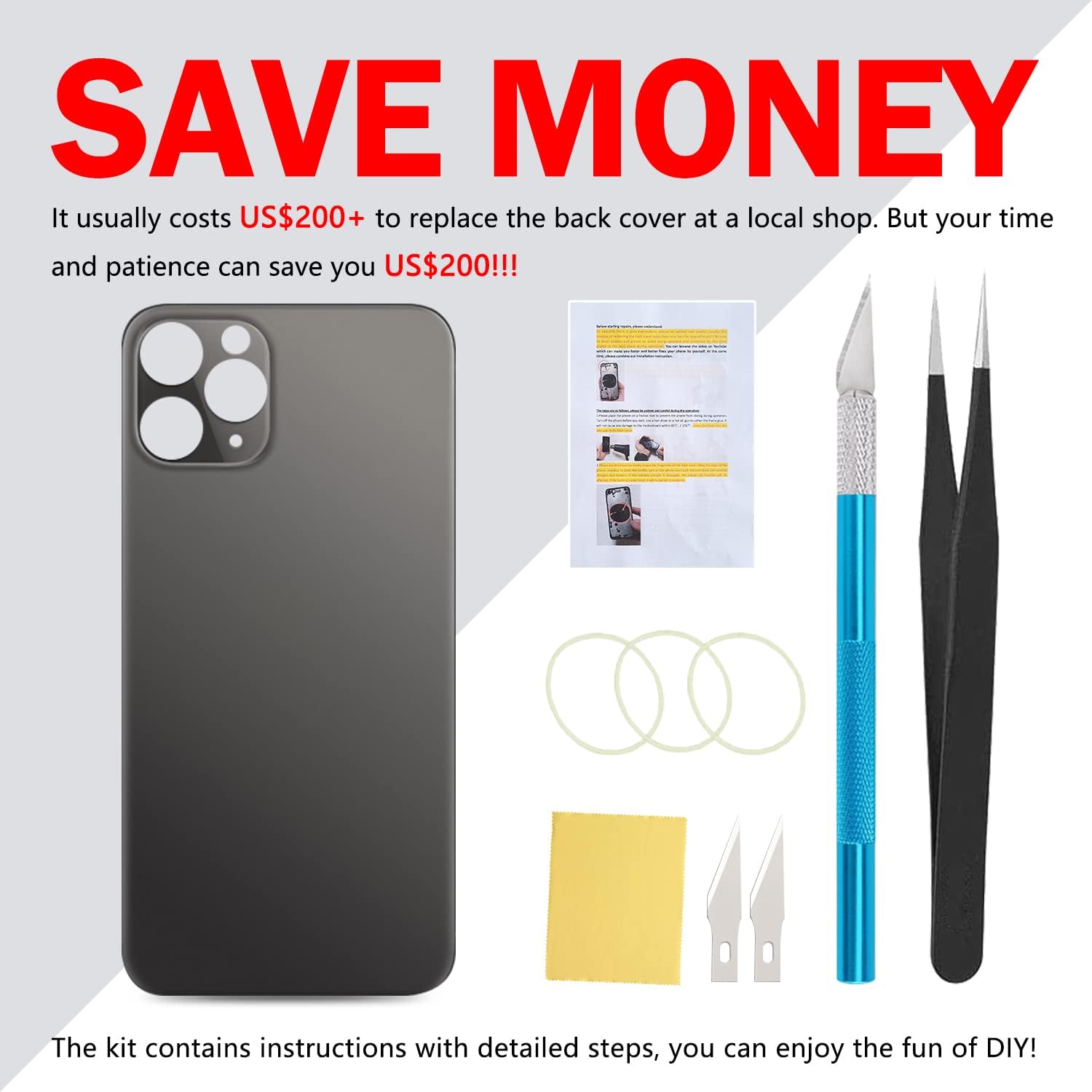 Back Screen Rear Glass Cover Replacement Compatible with iPhone 11 Pro Max 6.5 Inches All Carriers (Matte Space Gray)