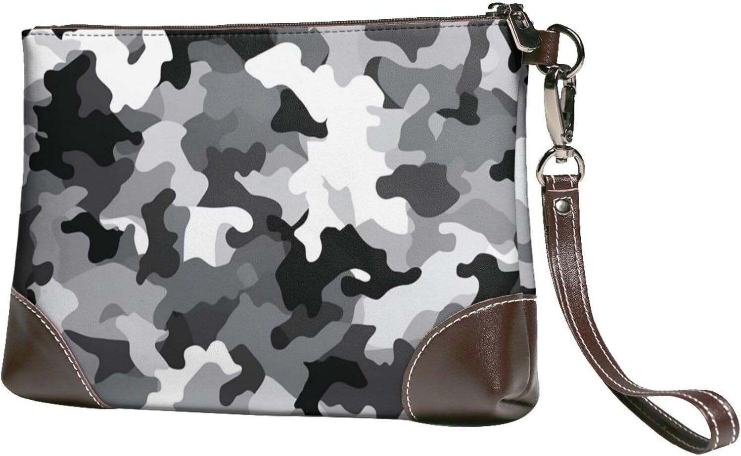 FLYIFE Ladies Black Grey White Black Leather Zip Clutch Bag with Wrist