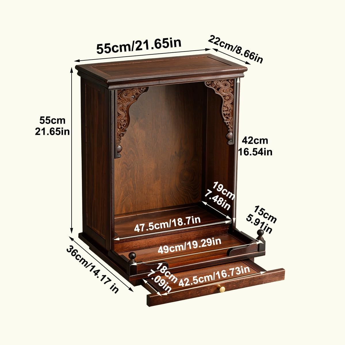 Traditional Chinese Altar Table with Pull-Out Drawer, Wooden Meditation Table, Pooja mandir for Home in USA for Spiritual Practices,Buddha Statues, Rituals(21.65in)