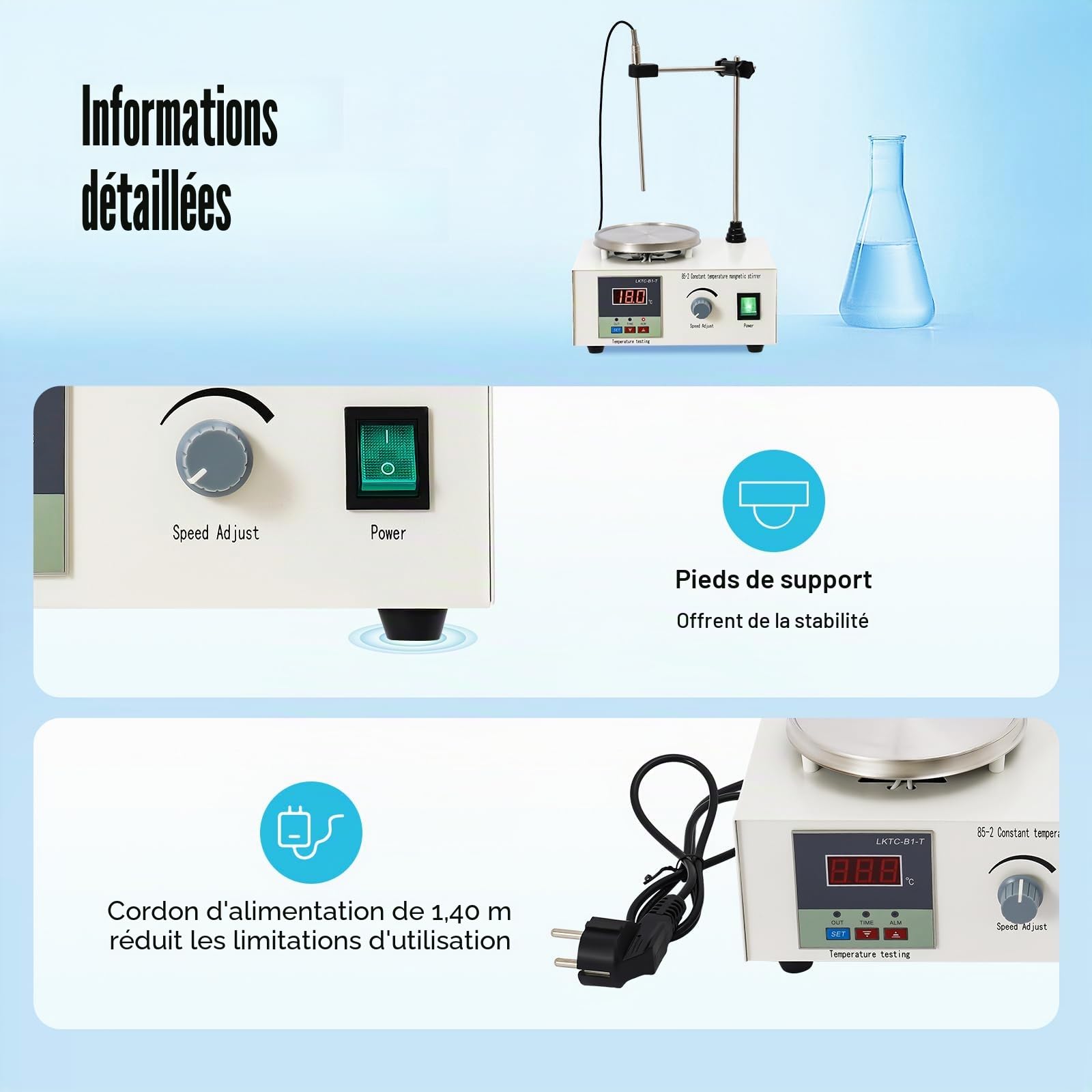 Mixeur Magnétique 250 W Plaque Chauffante Agitateur Magnétique 2000 ml Agitateur magnétique avec plaque chauffante pour Laboratoire