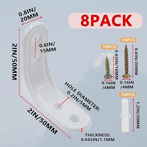 Miniatura 2 de Joyangy 8 soportes en L de 2 pulgadas, resistentes soportes de esquina en L de color blanco para madera, estantes, armarios, soporte de estante