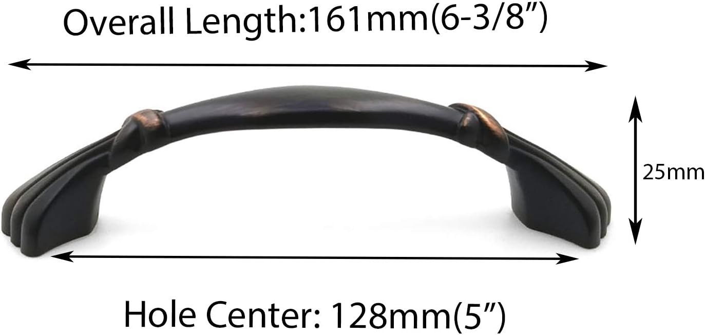 Modket Cascade Series Solid Traditional Classic Kitchen Cabinet Pull Handle — 6-3/8" Overall Length, 5" (128mm) Hole Centers, Oil Rubbed Bronze — 10 Packs