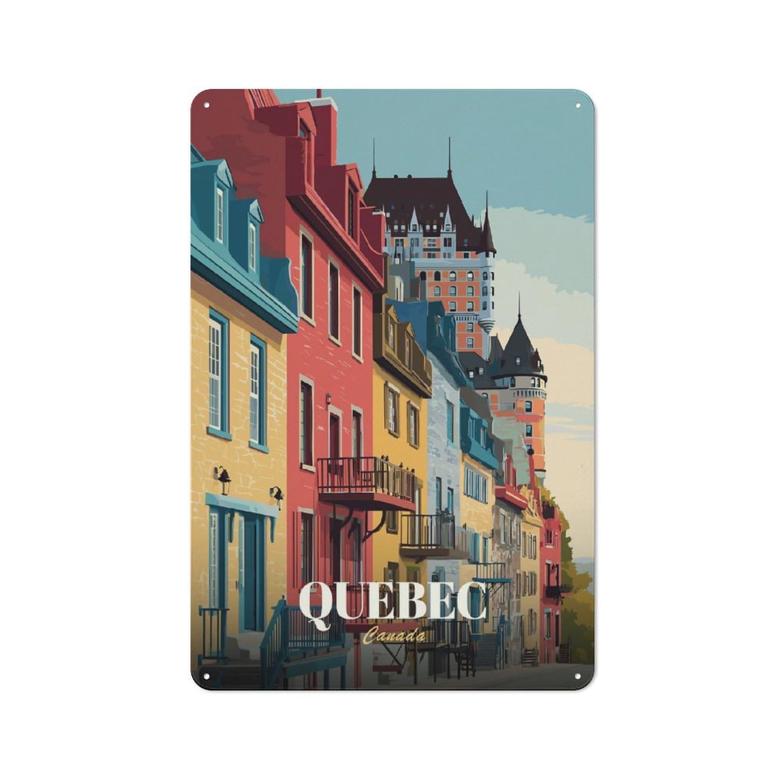 Junmoney Style-1 Quebec Cityscape Illustration Printed Metal Sign 30X20cm For Café Or Restaurant, For Restaurant Decor Fans, For Retro Home Interiors