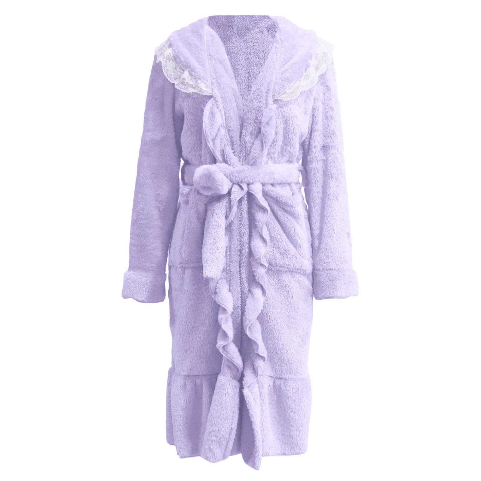 Generisch Bademantel Damen Langer Kuschelbademantel für Damen mit Rüschen Kragen und Saum Weicher Fleece Morgenmantel mit Bindegürtel Taschen Wellness Sauna Hausmantel
