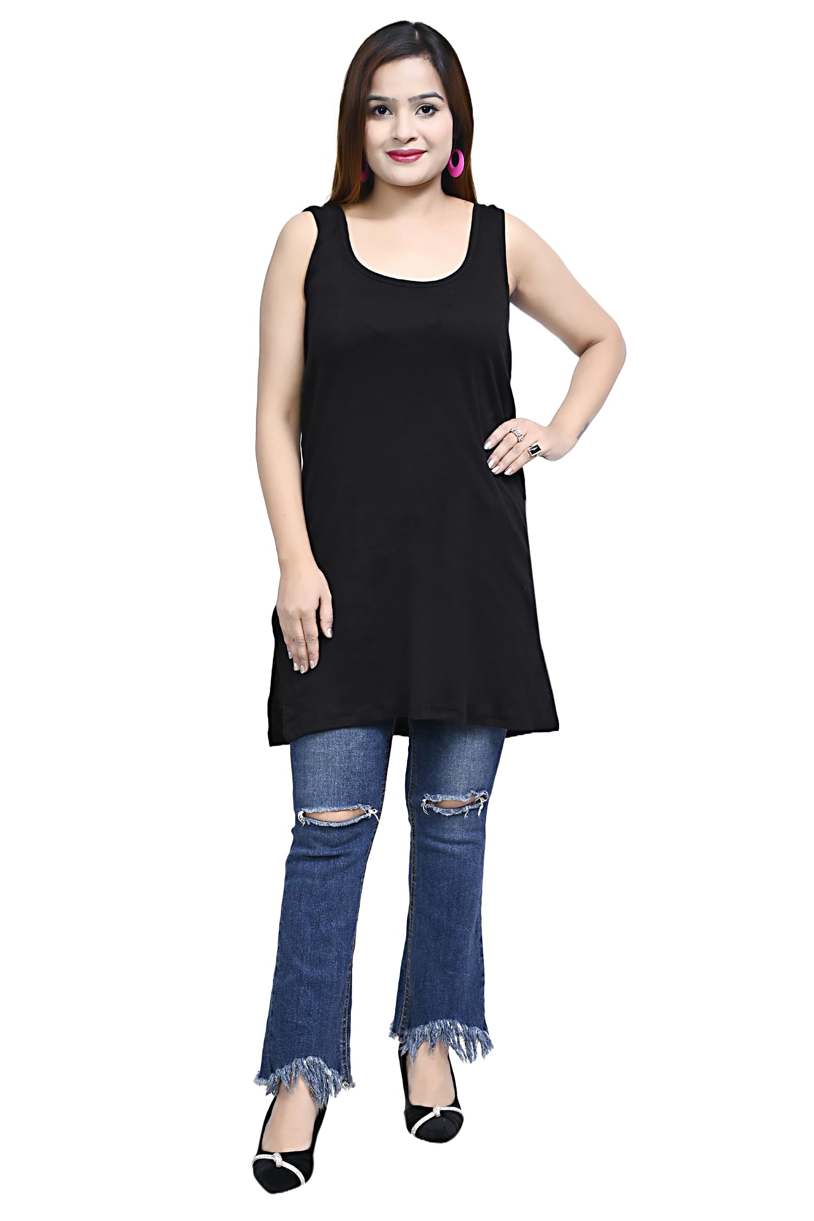 Long Stretchable Camisole Sando Shameej Slip Inner wear| Tank/Vest Top for Women's & Girls-Black-image-11