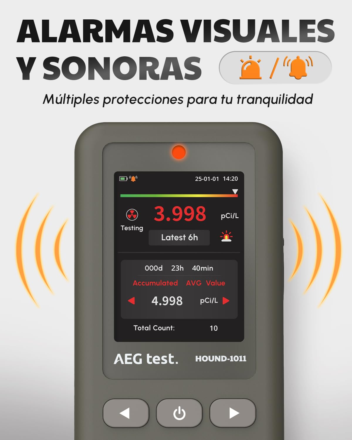 HOUND-1011 Detector de radón portátil para hogar, Ligero, Sensor de Alta precisión, 45 días, fácil de Usar, para mediciones a Corto y Largo Plazo en pCi/L o Bq/m³, para sótano – Gris