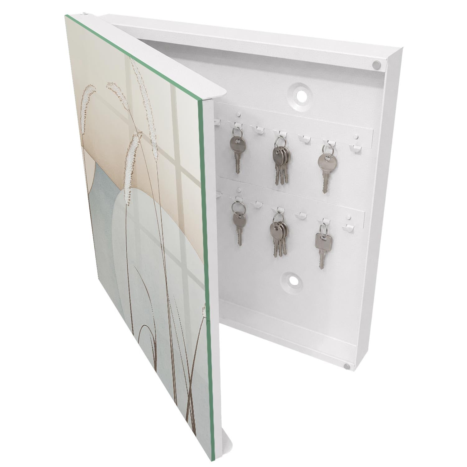 Armadietto Portachiavi 30x30 cm | Bianco | A Sinistra | Montaggio a Parete | Erbe naturali | Frontale Decorativo in Vetro Temperato | Tasselli e Viti Inclusi | per Uffici | in Metallo