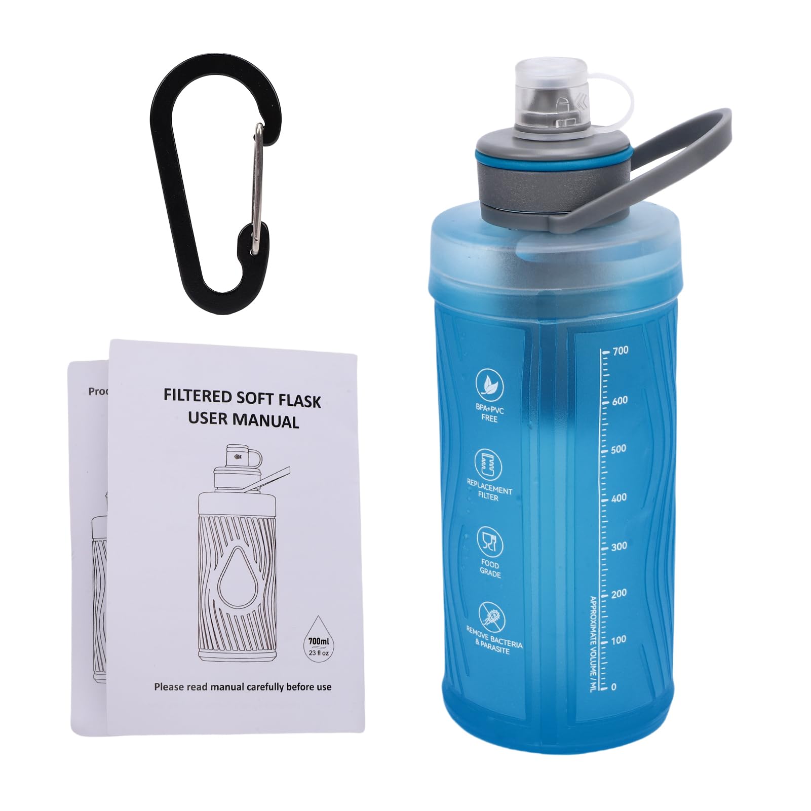 Sistema de filtro de agua plegable para botella exprimible – Estructura de TPU de 700 ml para incorpora una membrana de filtro y fibra de carbono activada para correr, senderismo, viajes