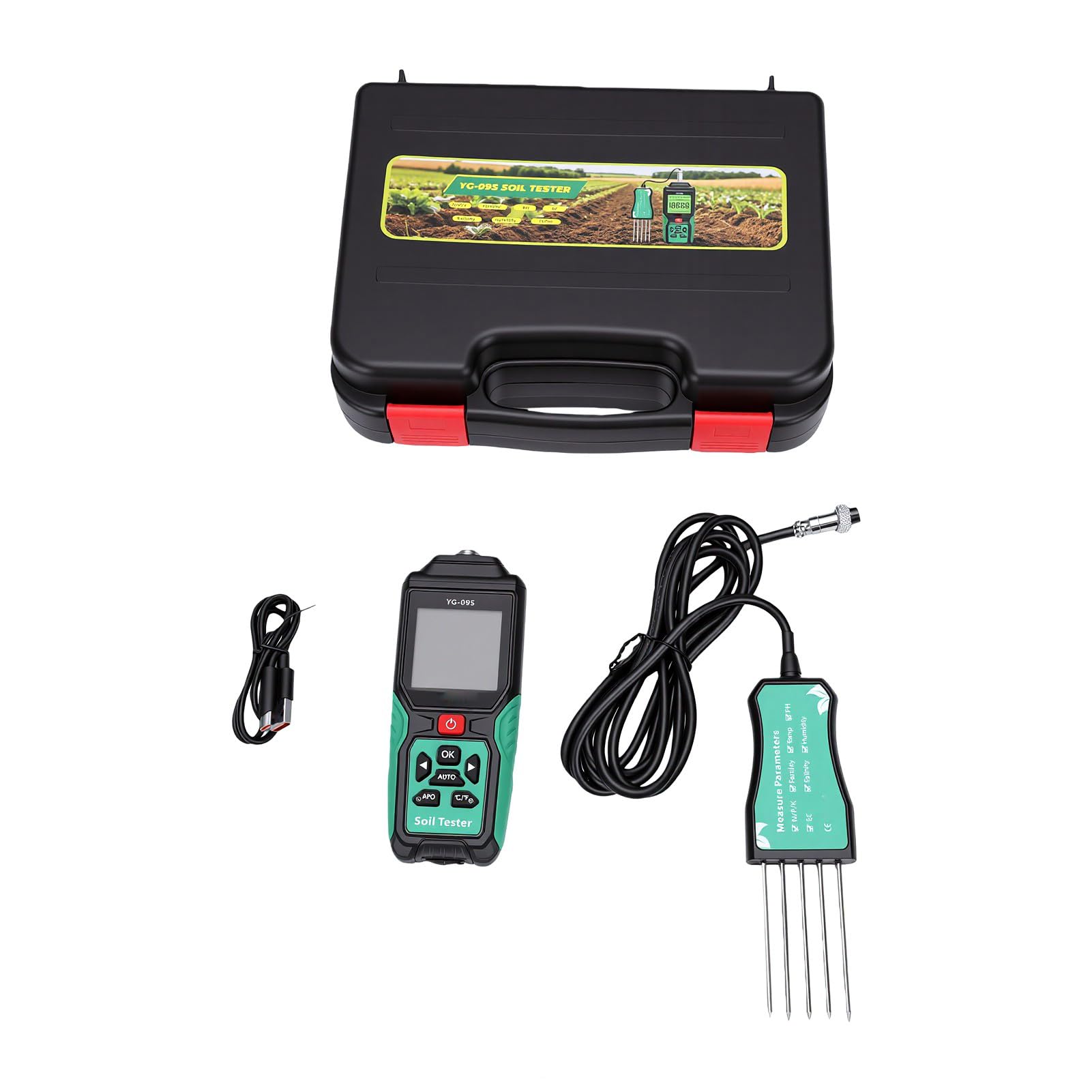 Medidor de Suelo 9 en 1, Analizador NPK PH EC Salinidad con | Carcasa ABS, Uso en Jardín y Granja, Sonda Doble, Batería Recargable 500mAh