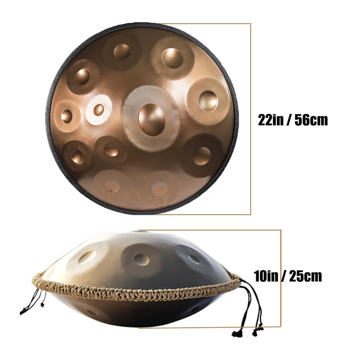 Handpan 22 Pulgadas Tambores de Mano en Re Menor 9/10/12 Notas Instrumento de Tambor de Acero handpan professionale 432Hz/440Hz para Meditación, Musicoterapia(Gold,10 Notes(432Hz))