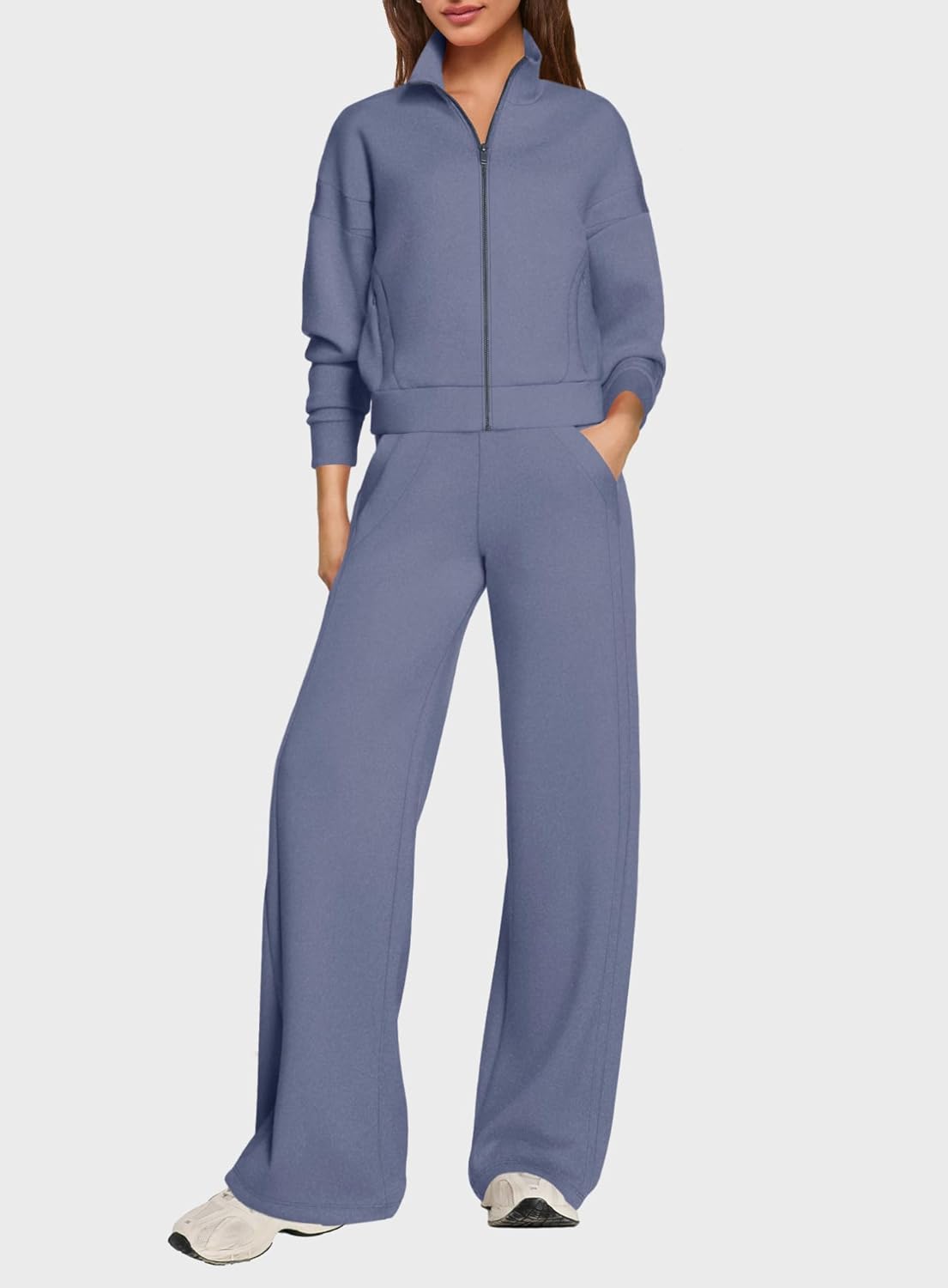 SENSERISE Sweatsuits Women 2 Piece Outfit Zip Up Cropped Sweatshirt Wide Leg Sweatpants 2025 Fall Outfits