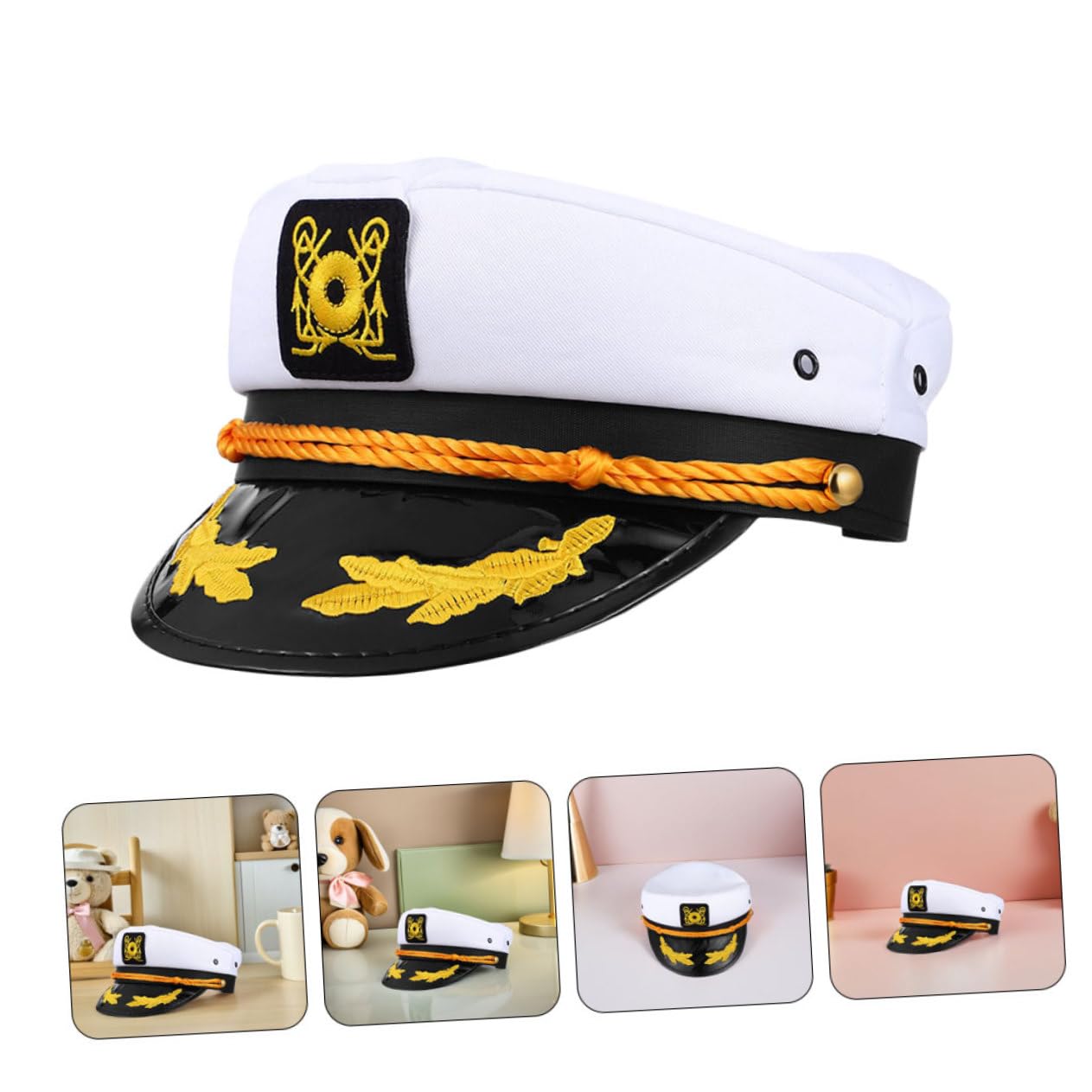 4pezzi Cappello da Capitano Nautico Regolabile in Poliestere Bianco Motivo Ricamato Berretto da Marinaio per Yacht e Eventi Tema Cappello da Marinaio per Uomo