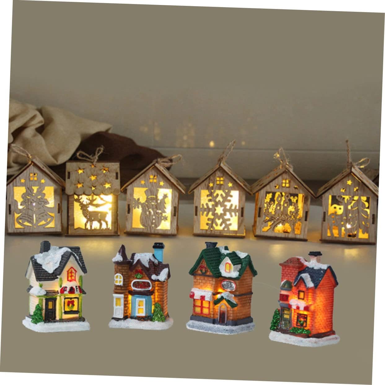 1set Led Ornament Christmas Village Decor Resin Xmas House Shaped Adornment for Holiday for