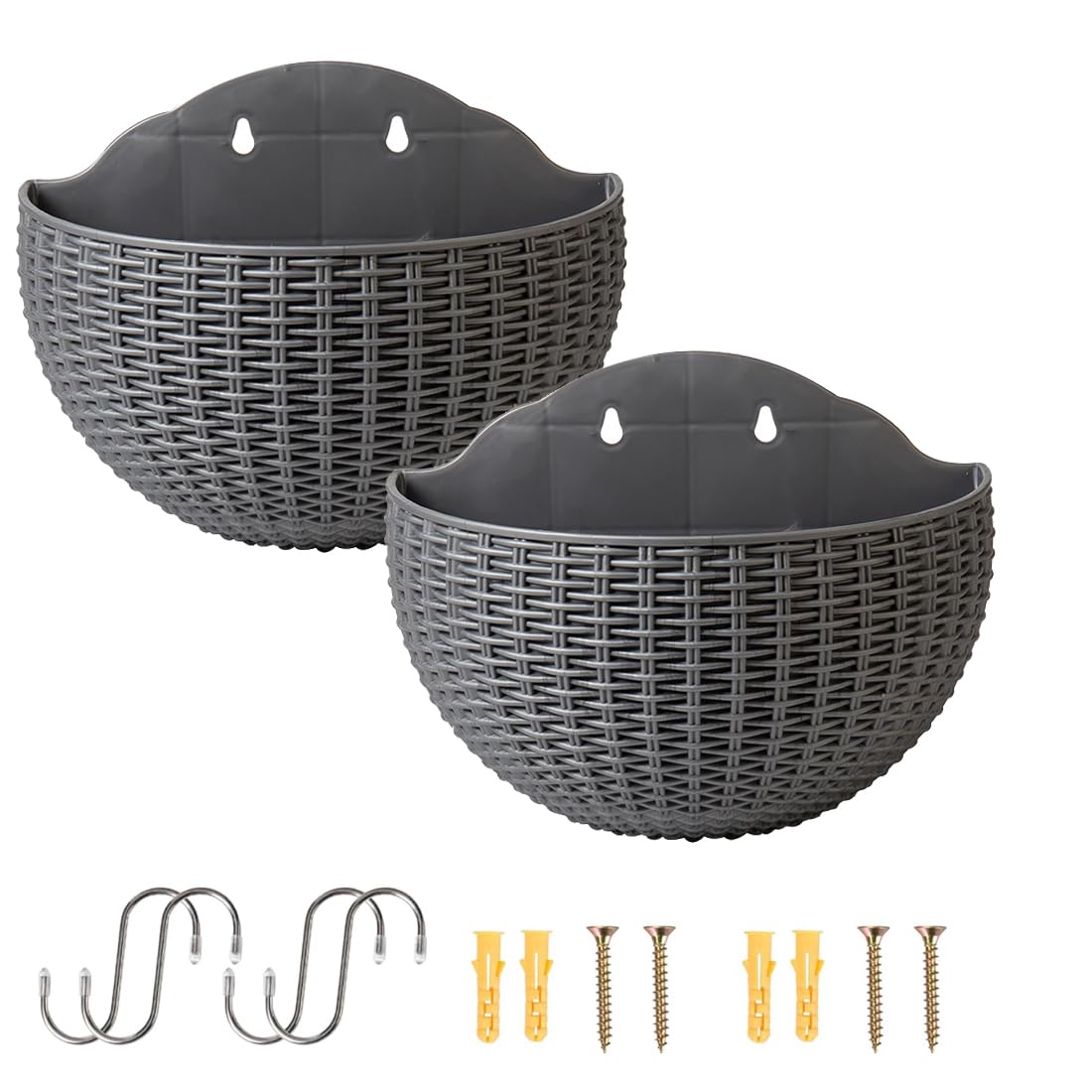 Senda Grey Wall Mounted Hanging Planters, 2 Pcs Half Round Plastic Flower Pot Plants Basket With Drainage And 4 Hooks, 4 Screws For Garden Patio Balcony Fence (Gray)