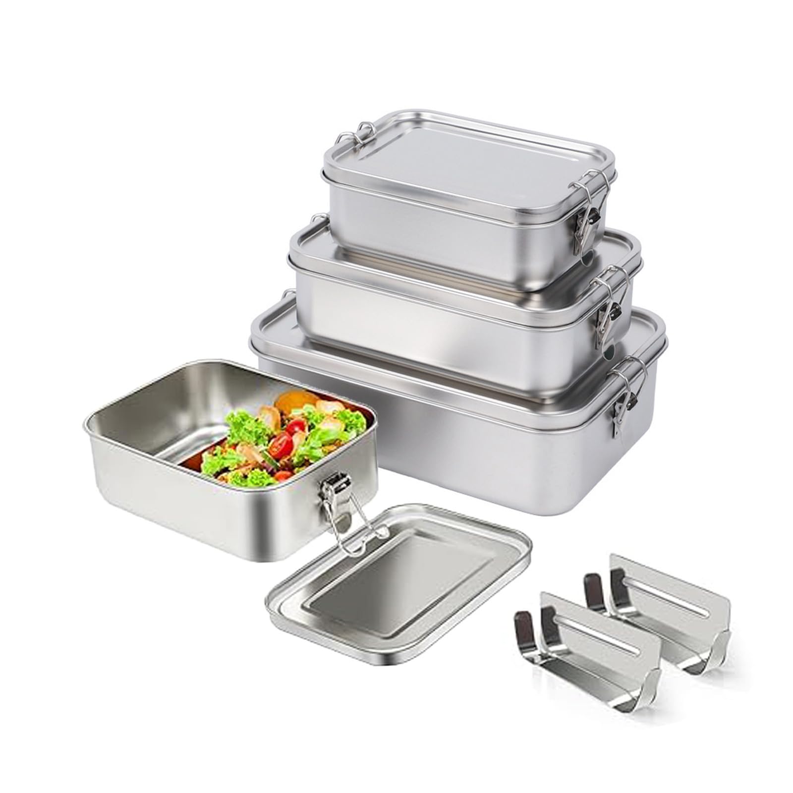 Zestaw 4 pudełek na lunch ze stali nierdzewnej 304, do sałatek i pozostałych posiłków, duże pudełko na lunch ze stali nierdzewnej (550 x 2/850/1400 ml)