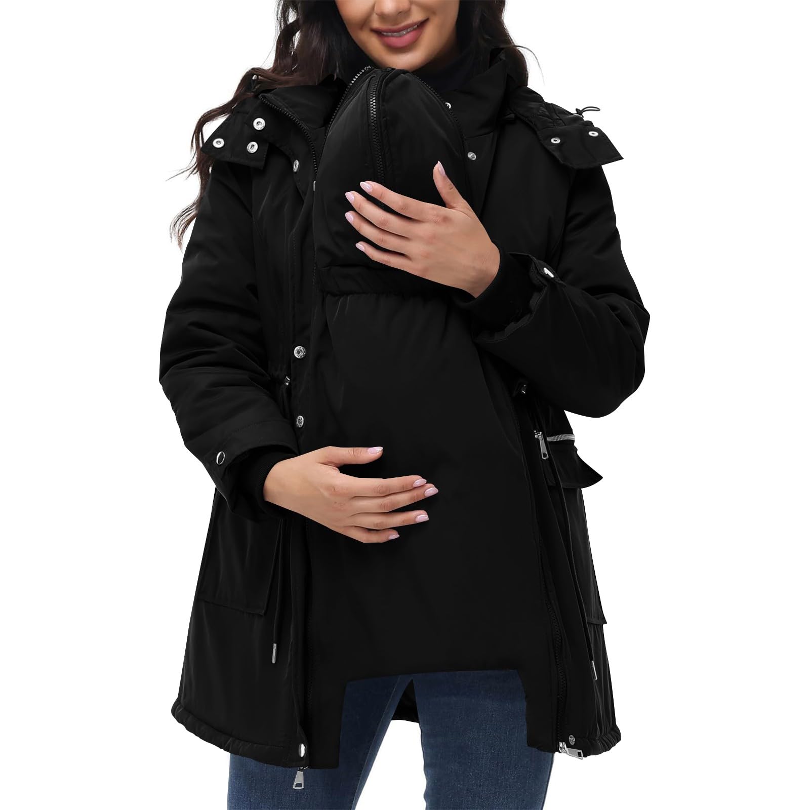 Damen Umstandsmantel, 3-in-1, Schwangere, Pufferjacken, Winter, warm, mit Kapuze, gepolstert, winddicht, Babyeinsatz, Tragemantel, leichte Steppjacken, Oberbekleidung, Thermomantel, Schwarz