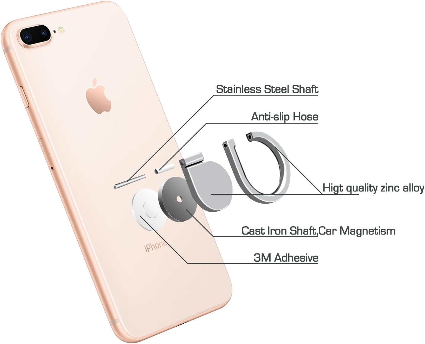 Cell Phone Ring Stand Holder, Water Drop Shape Zinc Alloy Universal 360°Rotation Finger Loop Grip [Washable/Removable/Magnetic Car Mount] for Smartphones, Tablet (2 Rose Gold & 2 Black) 4 Hooks